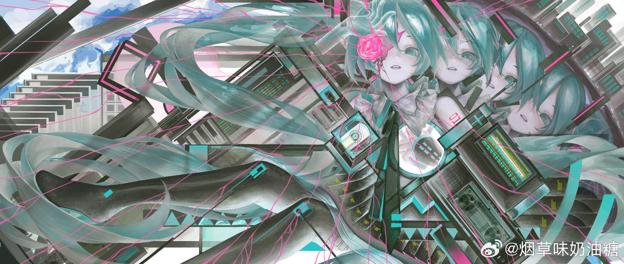 hatsune miku, vocaloid, highres, 4girls, abstract background, aqua eyes, aqua hair, aqua trim, black necktie, black pantyhose, black skirt, blue sky, body markings, building, clone, cloud, collared shirt, crack, cracked glass, double-parted bangs, flower, grey shirt, hair between eyes, hand to head, hand up, instrument, keyboard (instrument), long hair, looking at viewer, minidisc, multiple girls, necktie, number tattoo, pantyhose, parted lips, piano keys, pink flower, pleated skirt, reel-to-reel tape recorder, revealing layer, shirt, skirt, sky, sleeveless, sleeveless shirt, surreal, tape recorder, tattoo, translucent hair, transparent hand, twintails, very long hair, watermark, weibo username, weibo watermark, yancaowei naiyoutang
