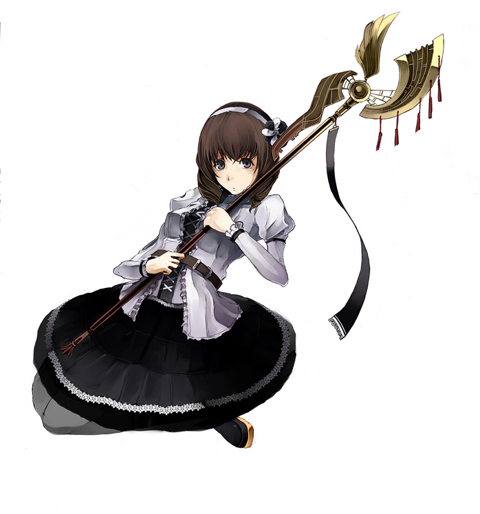 pos (shiratama-ya), original, 1girl, black eyes, brown hair, fantasy, female focus, grey pantyhose, hairband, pantyhose, simple background, skirt, solo, staff, white background