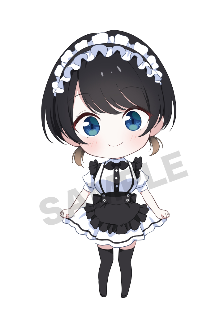 necocafe lili, sarashina ruka, kanojo okarishimasu, commentary request, 1girl, apron, black apron, black hair, black thighhighs, blush, breasts, chibi, closed mouth, dress, frilled apron, frills, full body, gradient hair, looking at viewer, medium breasts, multicolored hair, puffy short sleeves, puffy sleeves, sample watermark, short hair, short sleeves, simple background, solo, standing, thighhighs, watermark, white background, white dress