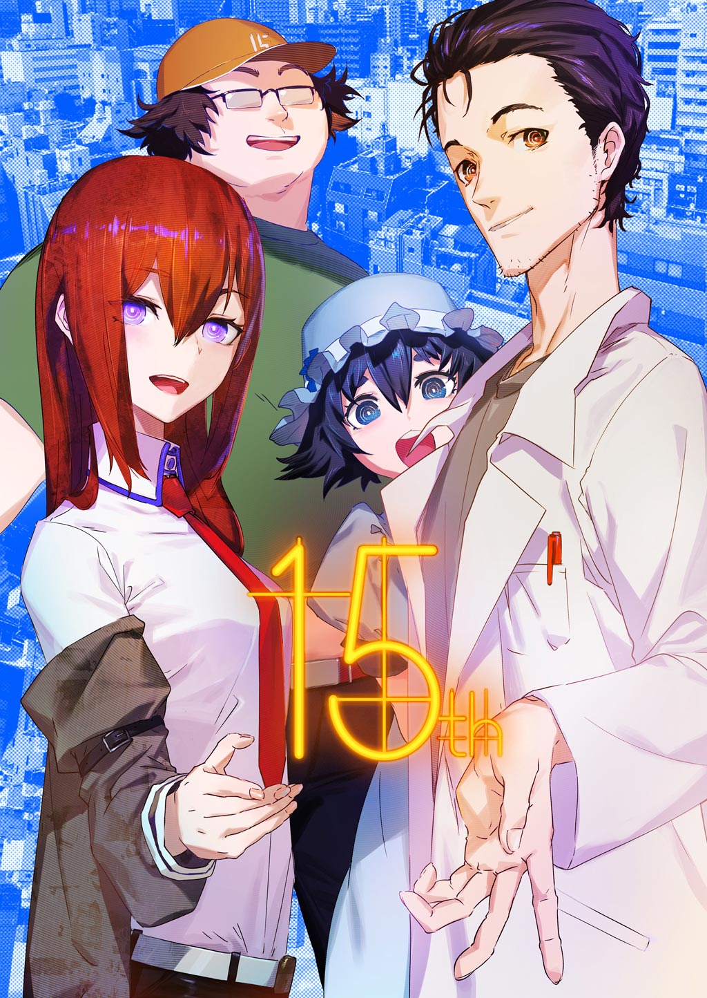 huke, makise kurisu, okabe rintarou, shiina mayuri, science adventure, steins;gate, highres, official art, 2boys, 2girls, arm belt, baseball cap, beard stubble, belt, belt buckle, black hair, black pants, black shorts, blue dress, blue eyes, blue hat, breasts, brown hair, brown jacket, brown shirt, buckle, collared shirt, dress, facial hair, fat, fat man, fingernails, frilled hat, frills, from side, glasses, hair between eyes, happy, hat, jacket, jacket partially removed, lab coat, lapels, leather shorts, long sleeves, looking at viewer, midriff, multiple boys, multiple girls, necktie, notched lapels, object in pocket, opaque glasses, open mouth, pants, pen in pocket, pocket, puffy short sleeves, puffy sleeves, purple eyes, purple trim, reaching, reaching towards viewer, red necktie, ringed eyes, shirt, short hair, short sleeves, shorts, sideburns stubble, small breasts, smile, stubble, tongue, white belt, white shirt
