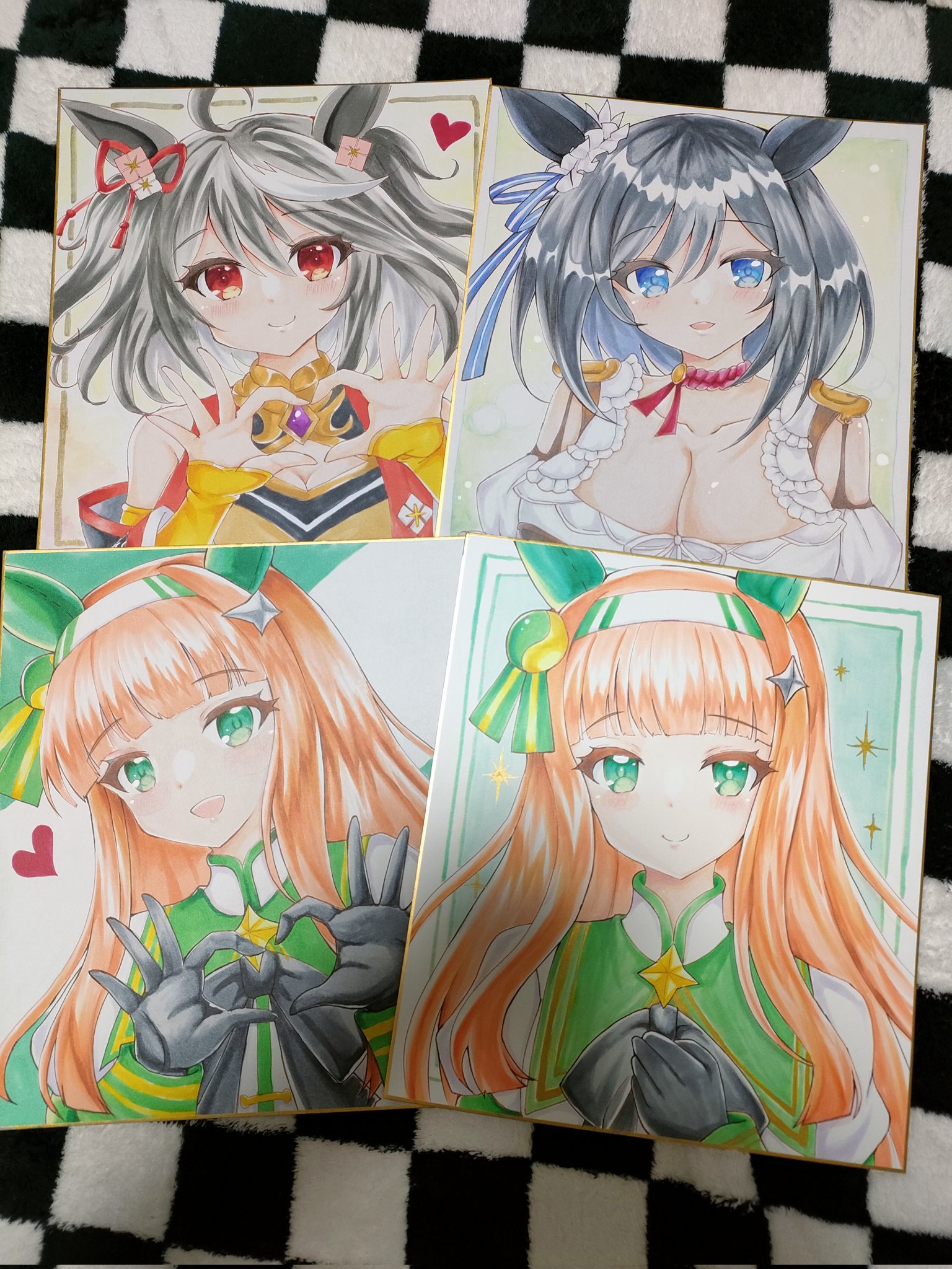 terimuku, eishin flash (umamusume), kitasan black (umamusume), silence suzuka (umamusume), umamusume, commentary request, highres, photo (medium), traditional media, 3girls, :d, ahoge, bare shoulders, black bow, black gloves, black hair, black sleeves, blue eyes, blush, bow, breasts, cleavage, cleavage cutout, closed mouth, clothing cutout, collarbone, detached sleeves, gloves, green eyes, hair between eyes, hairband, hands up, heart, heart hands, jacket, large breasts, layered sleeves, long hair, long sleeves, medium breasts, multicolored hair, multiple girls, open mouth, orange hair, puffy short sleeves, puffy sleeves, red eyes, shikishi, short over long sleeves, short sleeves, smile, streaked hair, two side up, white hair, white hairband, white jacket