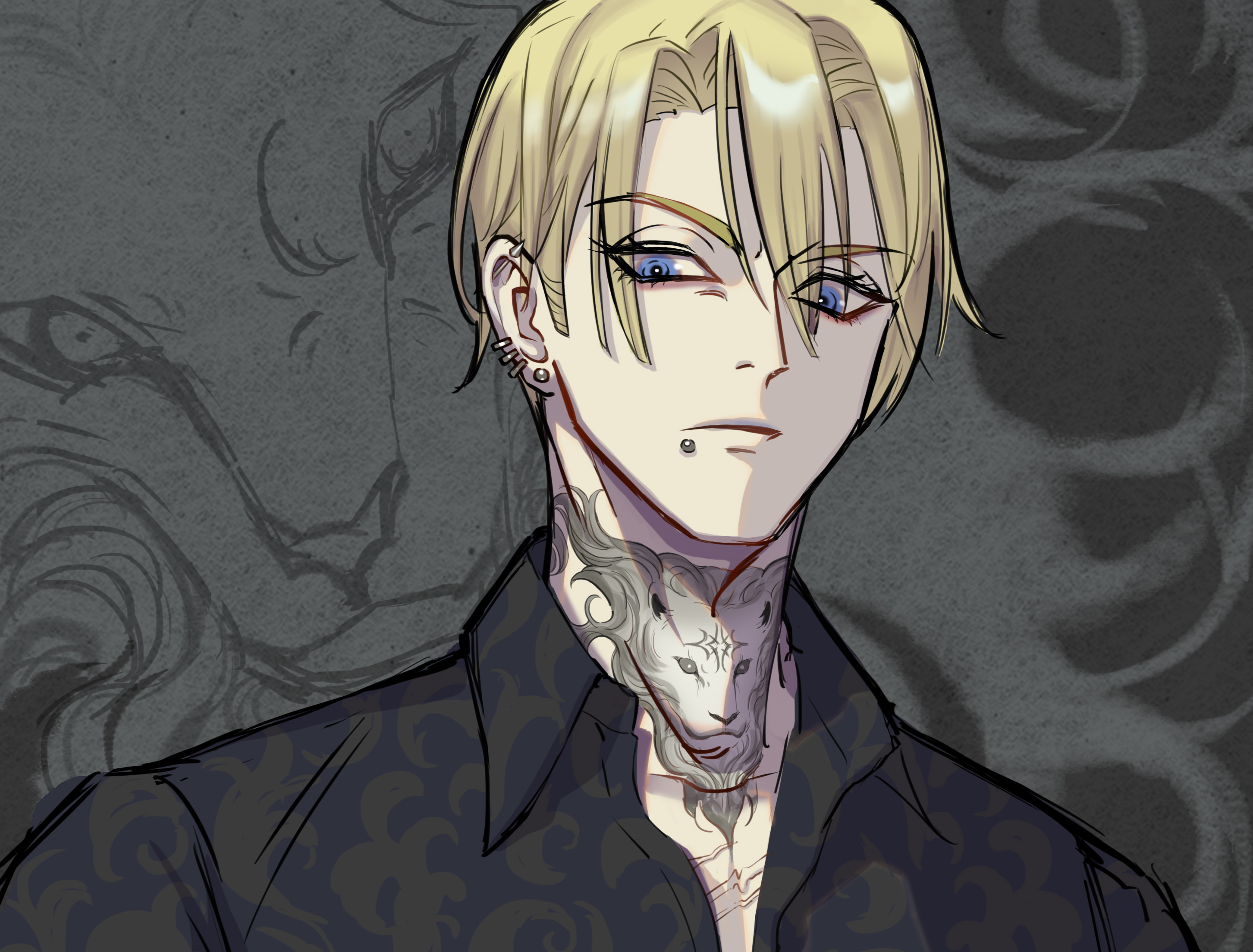 piyosko, dimitri alexandre blaiddyd, fire emblem, fire emblem: three houses, nintendo, commentary, commentary request, highres, 1boy, alternate tattoo, black shirt, blonde hair, blue eyes, closed mouth, collared shirt, contemporary, earrings, eyelashes, grey background, hair between eyes, jewelry, lion, male focus, multiple earrings, neck tattoo, open collar, piercing, shirt, short hair, solo, stud earrings, tattoo, upper body, wing collar