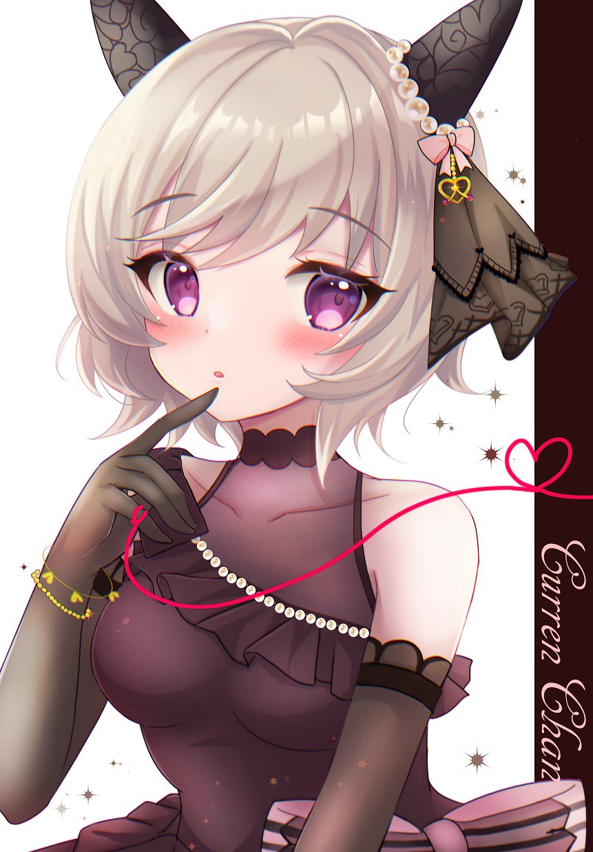 terimuku, curren chan (sakutsuki ma cherie) (umamusume), curren chan (umamusume), umamusume, commentary request, highres, 1girl, animal ears, bare shoulders, black gloves, blush, bow, breasts, brown dress, character name, covered collarbone, dress, elbow gloves, finger to mouth, frilled dress, frills, gloves, grey hair, hand up, heart, horse ears, medium breasts, parted lips, purple eyes, solo, striped bow, upper body, white background