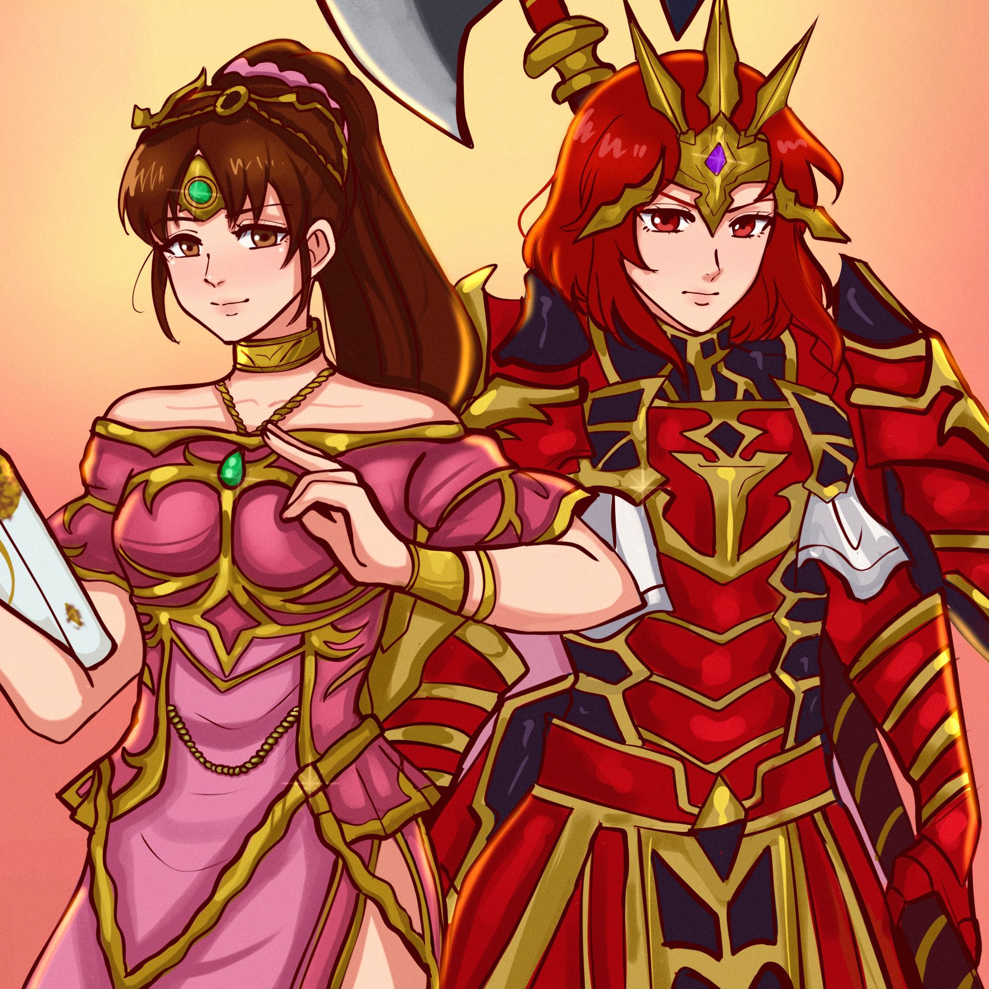 linde (fire emblem), minerva (fire emblem), fire emblem, fire emblem: mystery of the emblem, fire emblem: shadow dragon and the blade of light, fire emblem warriors, nintendo, commission, highres, 2girls, armor, axe, bare shoulders, book, bracelet, breasts, brown eyes, brown hair, choker, circlet, collarbone, dress, forehead jewel, gold choker, gradient background, hair ornament, jewelry, knight, long hair, medium breasts, multiple girls, official alternate costume, pink dress, ponytail, red armor, red eyes, red hair, scrunchie, serious, shoulder armor, side slit, smile, very long hair, wafflesdog