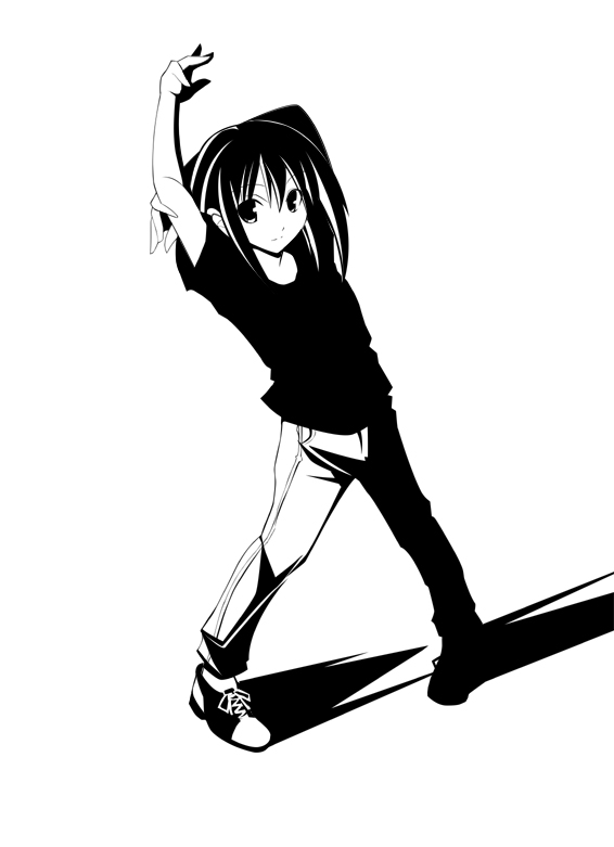iriho, tagme, 1girl, female focus, full body, greyscale, high contrast, monochrome, solo, stretching