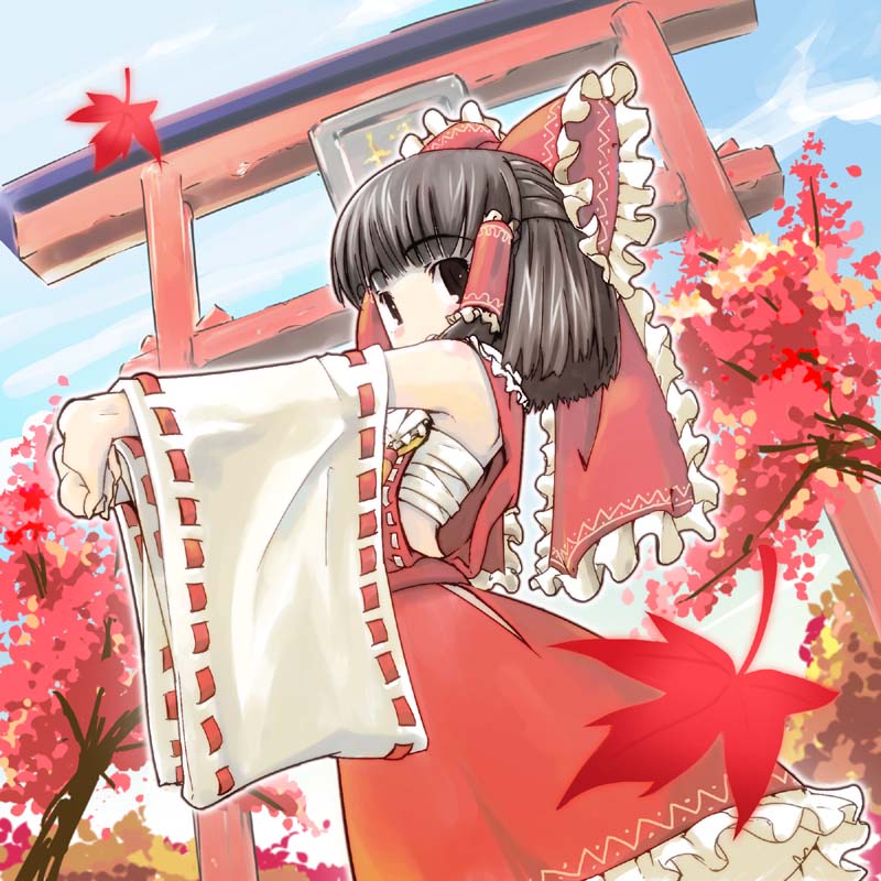 heijitsu (paapuu), yamasaki, hakurei reimu, touhou, jpeg artifacts, 1girl, armpits, autumn, brown eyes, brown hair, cowboy shot, detached sleeves, female focus, japanese clothes, miko, no nose, sarashi, short hair, solo, stretching, torii
