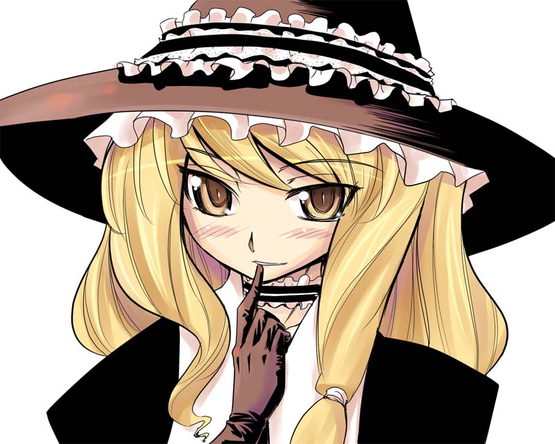 heijitsu (paapuu), yamasaki, kirisame marisa, touhou, 1girl, alternate costume, blonde hair, choker, female focus, finger to mouth, formal clothes, gloves, hat, solo, upper body, witch hat, yellow eyes
