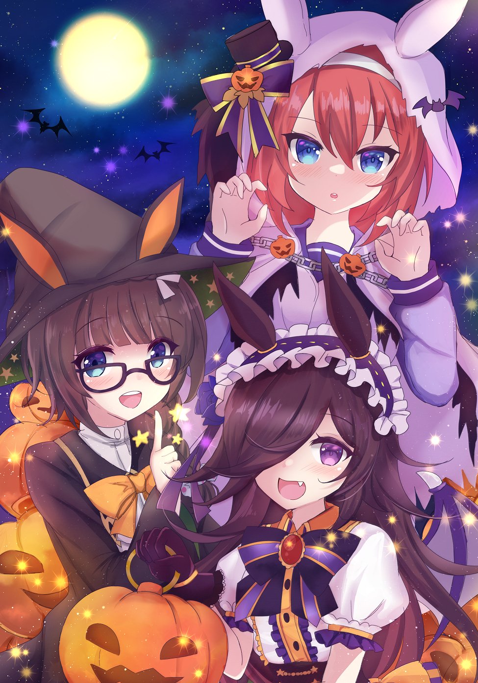 terimuku, mihono bourbon (ghosty and the magic of halloween) (umamusume), mihono bourbon (umamusume), rice shower (make up vampire!) (umamusume), rice shower (umamusume), zenno rob roy (magically gifted hero) (umamusume), zenno rob roy (umamusume), umamusume, commentary request, highres, 3girls, animal ears, bat wings, black bow, black hat, black robe, blush, bow, brooch, brown hair, center frills, chain, claw pose, collared shirt, fang, frills, full moon, ghost costume, gloves, hair over one eye, hand up, hat, hood, hood up, horse ears, index finger raised, jack-o'-lantern, jewelry, long sleeves, mini hat, mini top hat, moon, multiple girls, night, night sky, orange bow, puffy long sleeves, puffy short sleeves, puffy sleeves, purple bow, purple eyes, purple gloves, purple shirt, purple wings, robe, school uniform, shirt, short sleeves, sky, star (sky), star (symbol), starry sky, striped bow, tilted headwear, top hat, tracen school uniform, white shirt, wings, witch hat