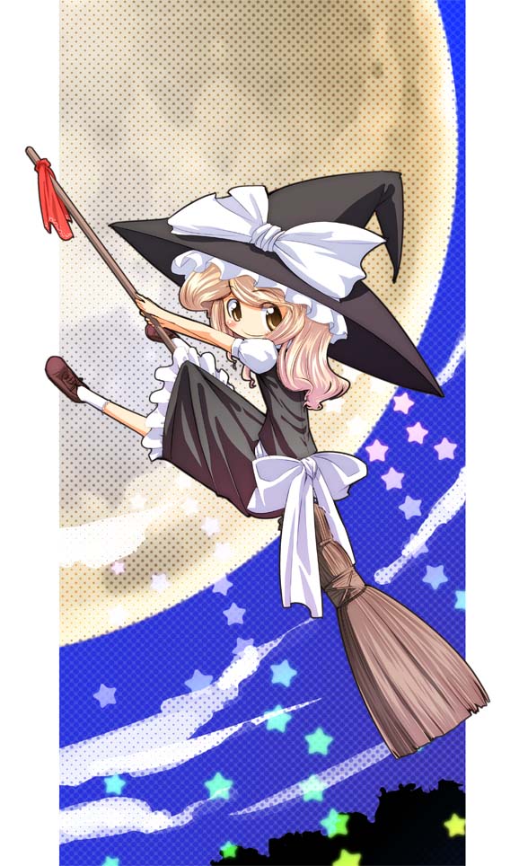 heijitsu (paapuu), yamasaki, kirisame marisa, touhou, 1girl, blonde hair, broom, broom riding, brown eyes, dress, female focus, hat, outdoors, sky, solo, witch, witch hat