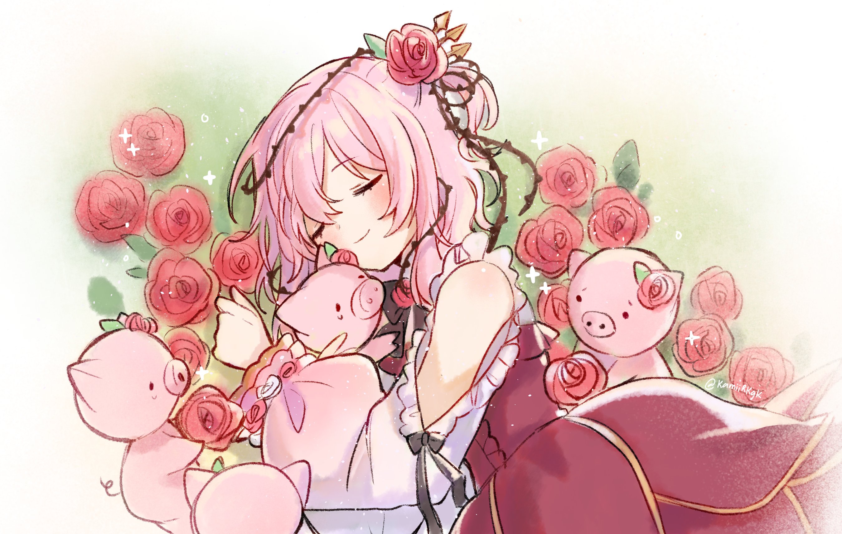 hakamii, rosemi lovelock, rosemi lovelock (1st costume), nijisanji, nijisanji en, rosebud, highres, 1girl, blush, closed eyes, clothing cutout, field, flower, flower field, hair flower, hair ornament, hair vines, lying, medium hair, on side, pink hair, red flower, red rose, rose, shoulder cutout, side ponytail, sparkle, thorns, virtual youtuber