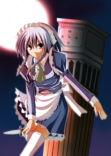 iriho, izayoi sakuya, touhou, 1girl, braid, female focus, knife, maid, outdoors, skirt, sky, solo, thighhighs, throwing knife, twin braids, weapon