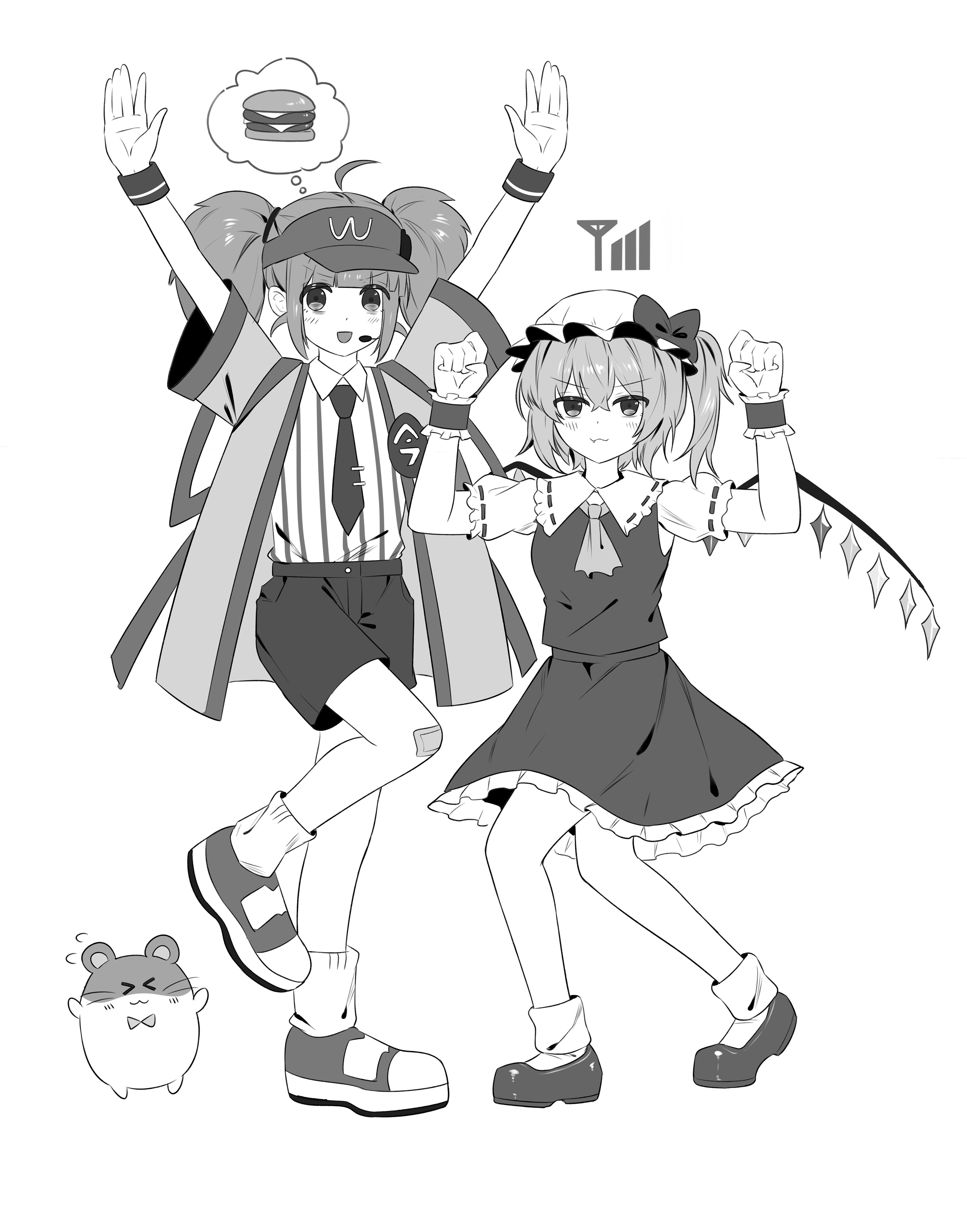 sflr, flandre scarlet, imadake dabuchi tabemi, mcdonald's, touhou, absurdres, highres, 2girls, :3, :d, ahoge, arms up, bandaid, bandaid on knee, bandaid on leg, blunt bangs, blush, bobby socks, bow, clenched hands, closed mouth, creature, dancing, fang, fang out, frilled skirt, frills, full body, greyscale, hair between eyes, hair bow, hat, jacket, leg up, looking at viewer, loose socks, mob cap, monochrome, multiple girls, necktie, one side up, open clothes, open jacket, open mouth, outstretched arms, pose imitation, puffy short sleeves, puffy sleeves, ran ran ru, ribbon-trimmed sleeves, ribbon trim, shirt, shirt tucked in, shoes, short hair, short sleeves, shorts, signal bar, simple background, skirt, smile, socks, speech bubble, standing, standing on one leg, striped clothes, striped shirt, thought bubble, tie clip, twintails, vertical-striped clothes, vertical-striped shirt, vest, visor cap, white background, wrist cuffs