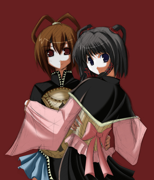 iriho, miakis (suikoden), gensou suikoden, gensou suikoden v, 2girls, black hair, blue eyes, brown eyes, brown hair, multiple girls, twintails, wide sleeves
