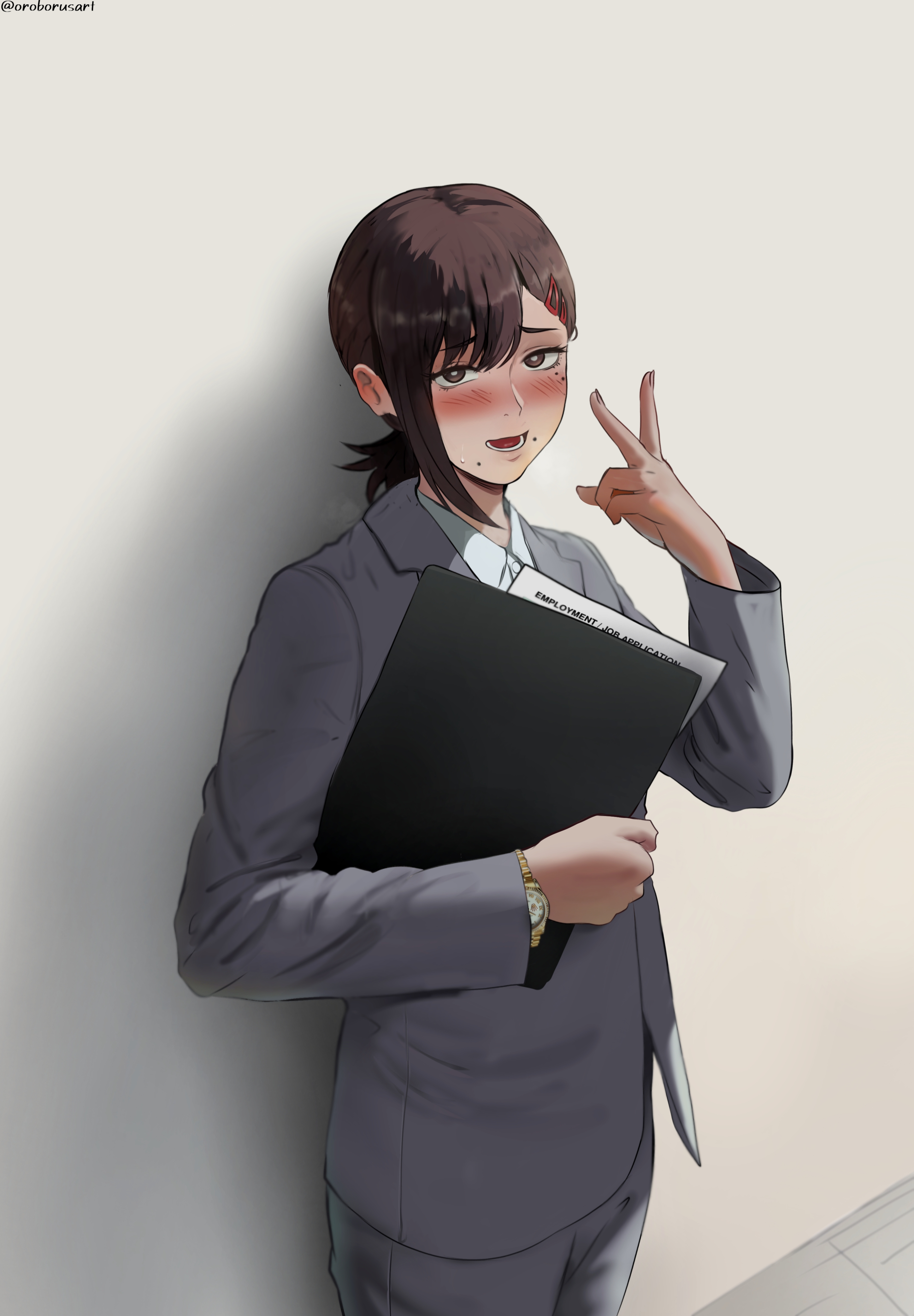 oroborus, araki saori, higashiyama kobeni, chainsaw man, real life, absurdres, commentary, highres, 1girl, brown eyes, brown hair, formal clothes, hair ornament, hairclip, long sleeves, looking at viewer, mole, mole under eye, mole under mouth, office lady, open mouth, shirt, solo, suit, twitter username, watch, white shirt