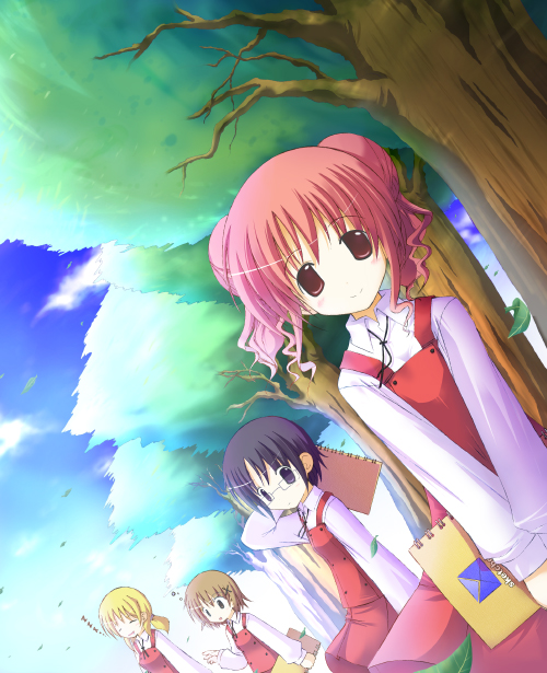 mitamano, hiro (hidamari sketch), miyako (hidamari sketch), sae (hidamari sketch), yuno (hidamari sketch), hidamari sketch, 00s, 4girls, blonde hair, blue eyes, blue hair, blush, brown eyes, brown hair, closed eyes, double bun, glasses, hair bun, hair ornament, hairclip, long sleeves, looking at viewer, multiple girls, ohidamari sketch, open mouth, red eyes, school uniform, short hair, sketchbook, skirt, sleeping, smile, tree, yamabuki high school uniform, zzz