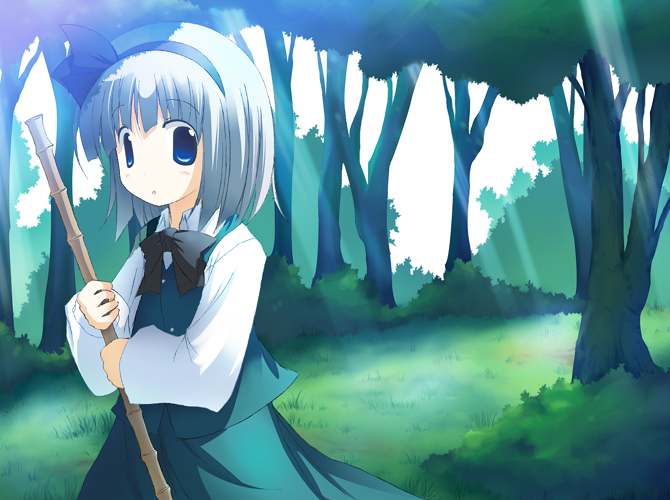 mitamano, konpaku youmu, touhou, 1girl, bob cut, female focus, forest, nature, outdoors, plant, skirt, solo
