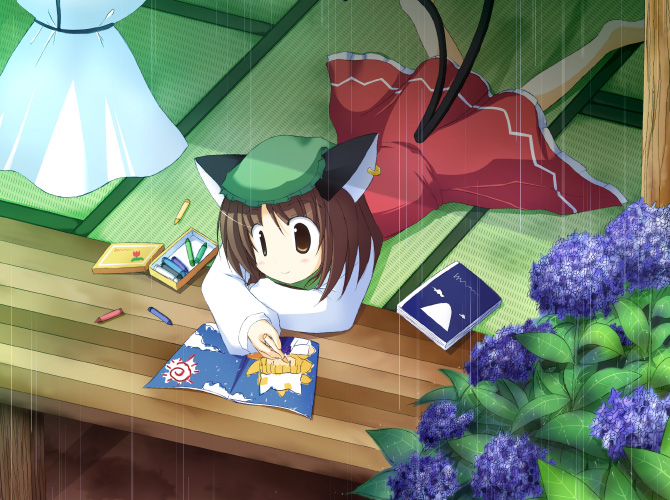 mitamano, chen, yakumo ran, touhou, 1girl, animal ears, animal hat, book, brown eyes, brown hair, cat ears, cat girl, cat tail, crayon, drawing (action), earrings, female focus, flower, hat, hydrangea, jewelry, long sleeves, lying, mob cap, multiple tails, on stomach, rain, short hair, solo, tail, tatami, teruterubouzu, veranda