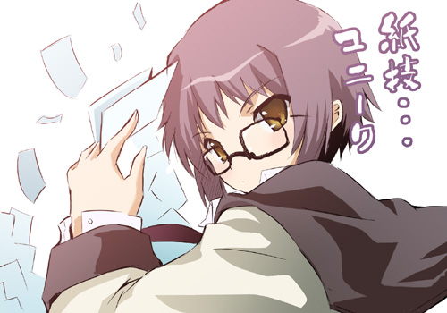 okiura, nagato yuki, yomiko readman, r.o.d the tv, read or die, suzumiya haruhi no yuuutsu, lowres, translated, 1girl, cosplay, female focus, glasses, grey hair, parody, short hair, simple background, solo, white background, yellow eyes, yomiko readman (cosplay)