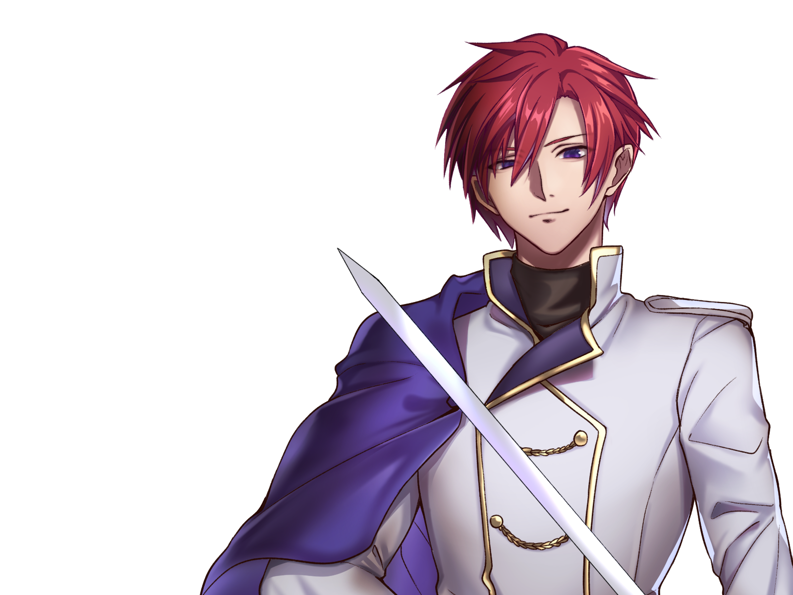 mugen no sudadokei, original, commentary request, highres, 1boy, blue cloak, cloak, fantasy, gold trim, holding, holding sword, holding weapon, jacket, purple eyes, red hair, solo, sword, upper body, weapon, white jacket