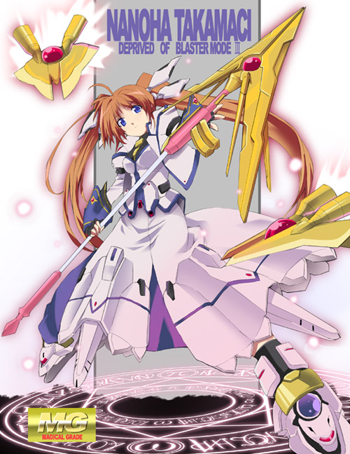okiura, raising heart, raising heart (blaster bit), raising heart (exelion mode), takamachi nanoha, takamachi nanoha (exceed mode), lyrical nanoha, mahou shoujo lyrical nanoha, mahou shoujo lyrical nanoha strikers, 00s, 1girl, alternate costume, blue eyes, brown hair, female focus, magic circle, magical girl, mecha musume, purple eyes, solo, twintails