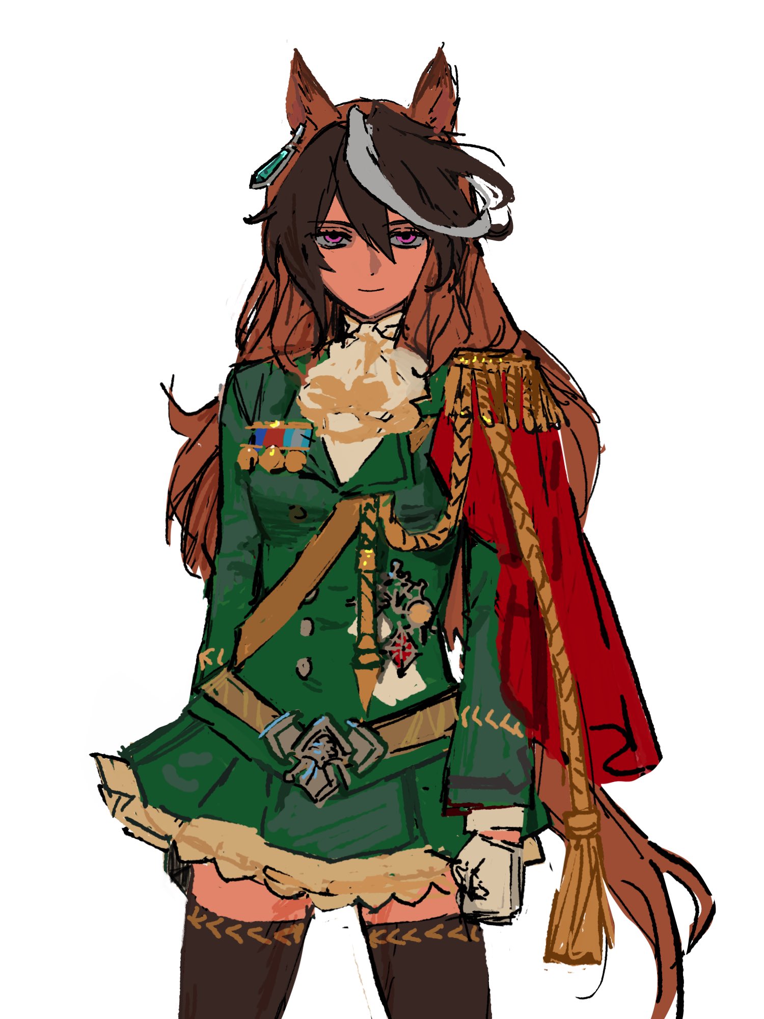 suaviterra, symboli rudolf (umamusume), umamusume, commentary, english commentary, highres, 1girl, aiguillette, animal ears, ascot, belt, black hair, black thighhighs, breasts, brown hair, buttons, cape, clenched hand, closed mouth, colored sclera, cowboy shot, dress, earrings, epaulettes, frills, gem, gloves, green dress, green gemstone, grey hair, grey sclera, hair between eyes, half-closed eyes, horse ears, horse girl, horse tail, jewelry, lapels, long hair, long sleeves, looking at viewer, medal, medium breasts, multicolored hair, pink eyes, red cape, sash, shirt, simple background, single earring, single epaulette, smile, solo, standing, tail, tassel, thighhighs, white ascot, white background, white gloves, white shirt, yellow belt, yellow sash