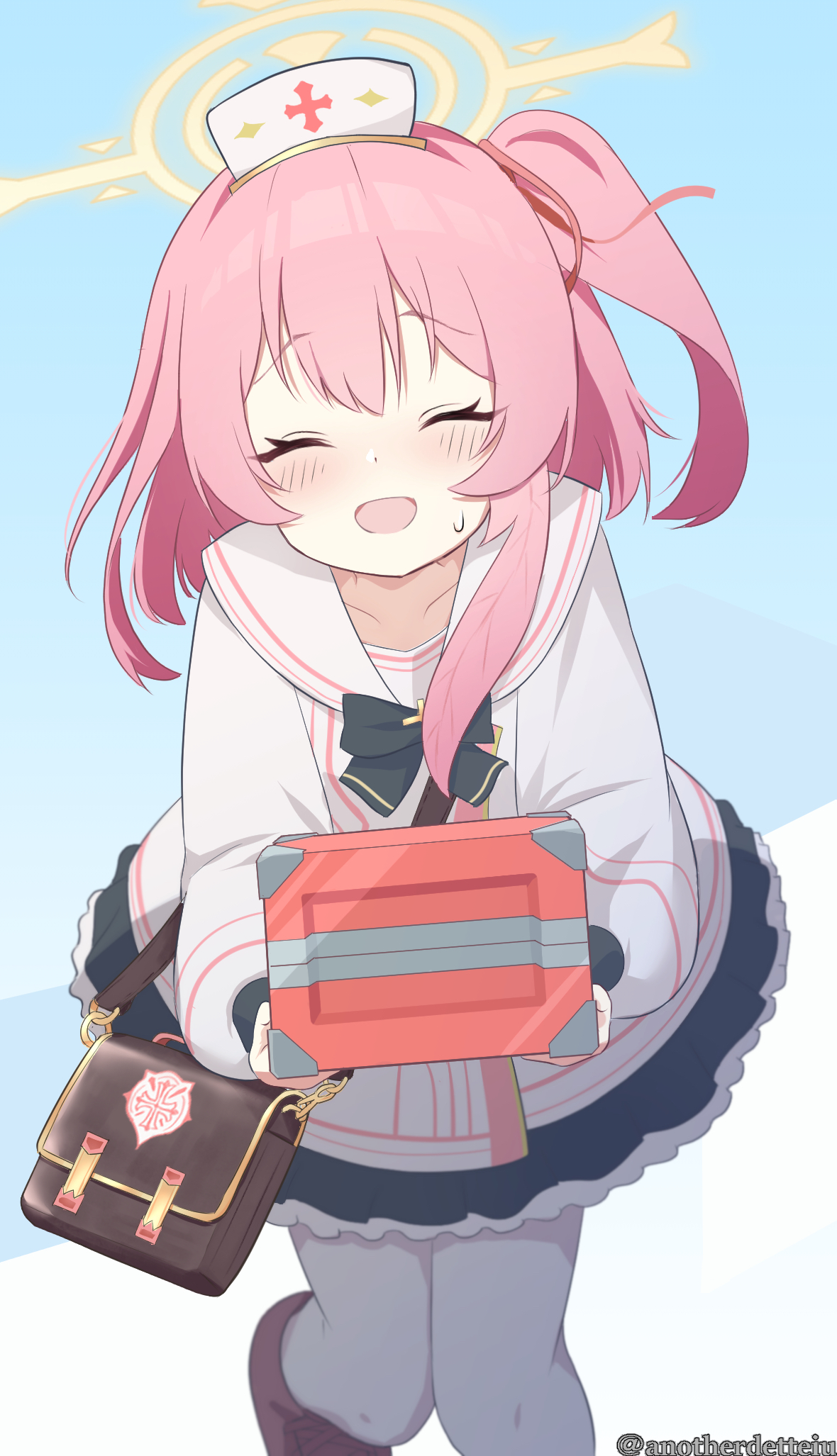 anotherdetteiu, serina (blue archive), blue archive, commentary request, highres, 1girl, :d, ^ ^, bag, black skirt, blue background, blush, box, brown bag, character name, closed eyes, first aid kit, flower, hair flower, hair ornament, halo, hat, holding, holding box, medium hair, miniskirt, nurse cap, one side up, open mouth, pantyhose, pleated skirt, sailor collar, shirt, shoulder bag, skirt, smile, solo, sweatdrop, twitter username, white pantyhose, white sailor collar, white shirt, yellow halo