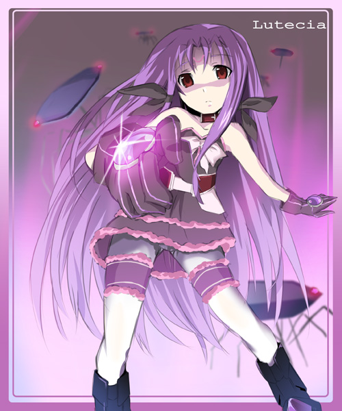 okiura, asclepius (nanoha), lutecia alpine, lyrical nanoha, mahou shoujo lyrical nanoha, mahou shoujo lyrical nanoha strikers, 00s, 1girl, female focus, frilled thigh strap, lingerie, panties, panties under pantyhose, pantyhose, purple hair, red eyes, solo, thigh strap, underwear