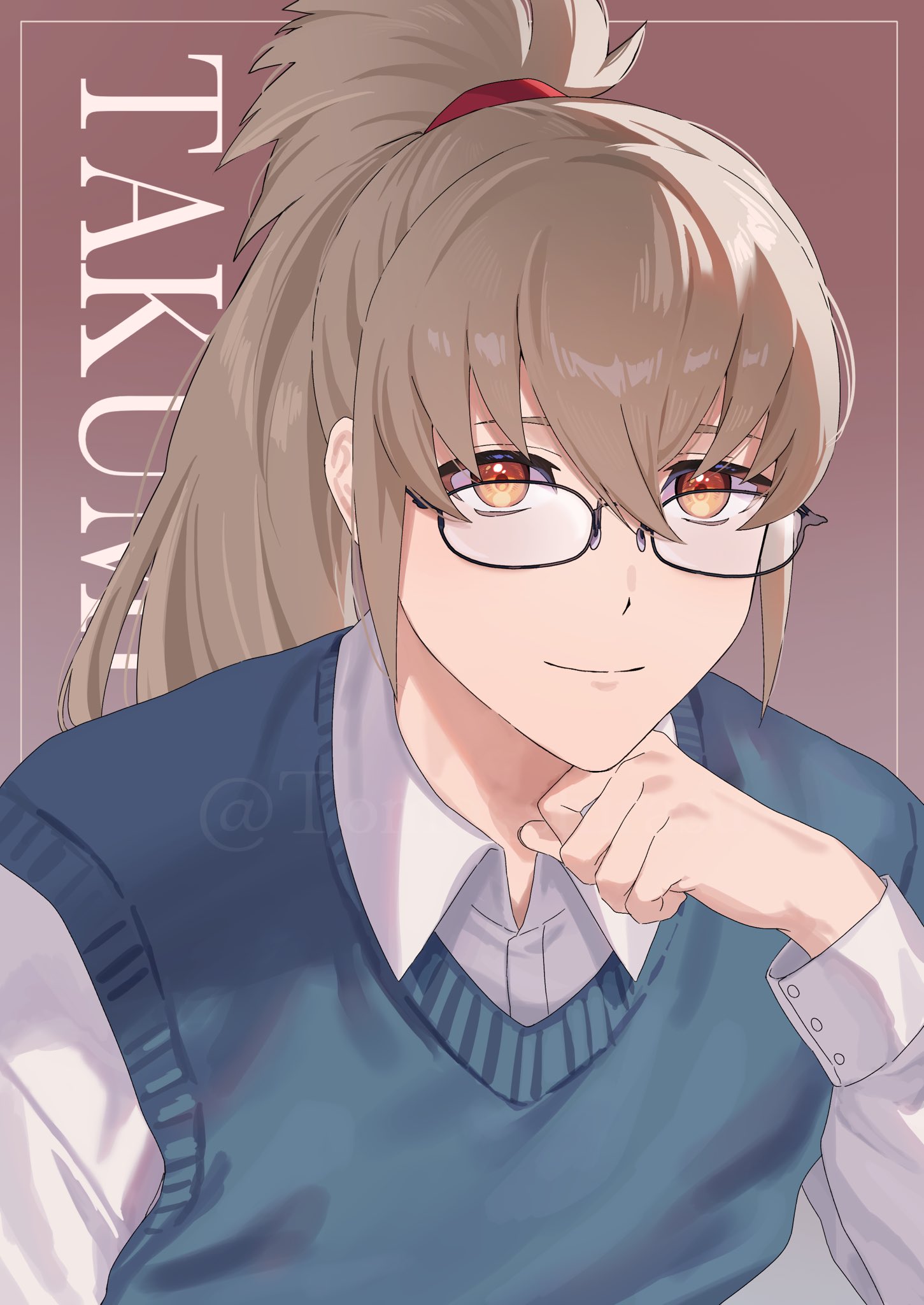 tomo shirasu, takumi (fire emblem), fire emblem, fire emblem fates, nintendo, highres, 1boy, contemporary, grey hair, long hair, male focus, orange eyes, ponytail, smile, solo, vest