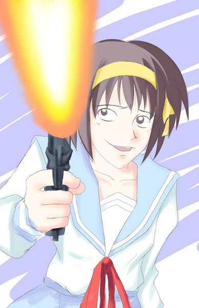 safi, suzumiya haruhi, gundou musashi, suzumiya haruhi no yuuutsu, tagme, parody, school uniform, serafuku