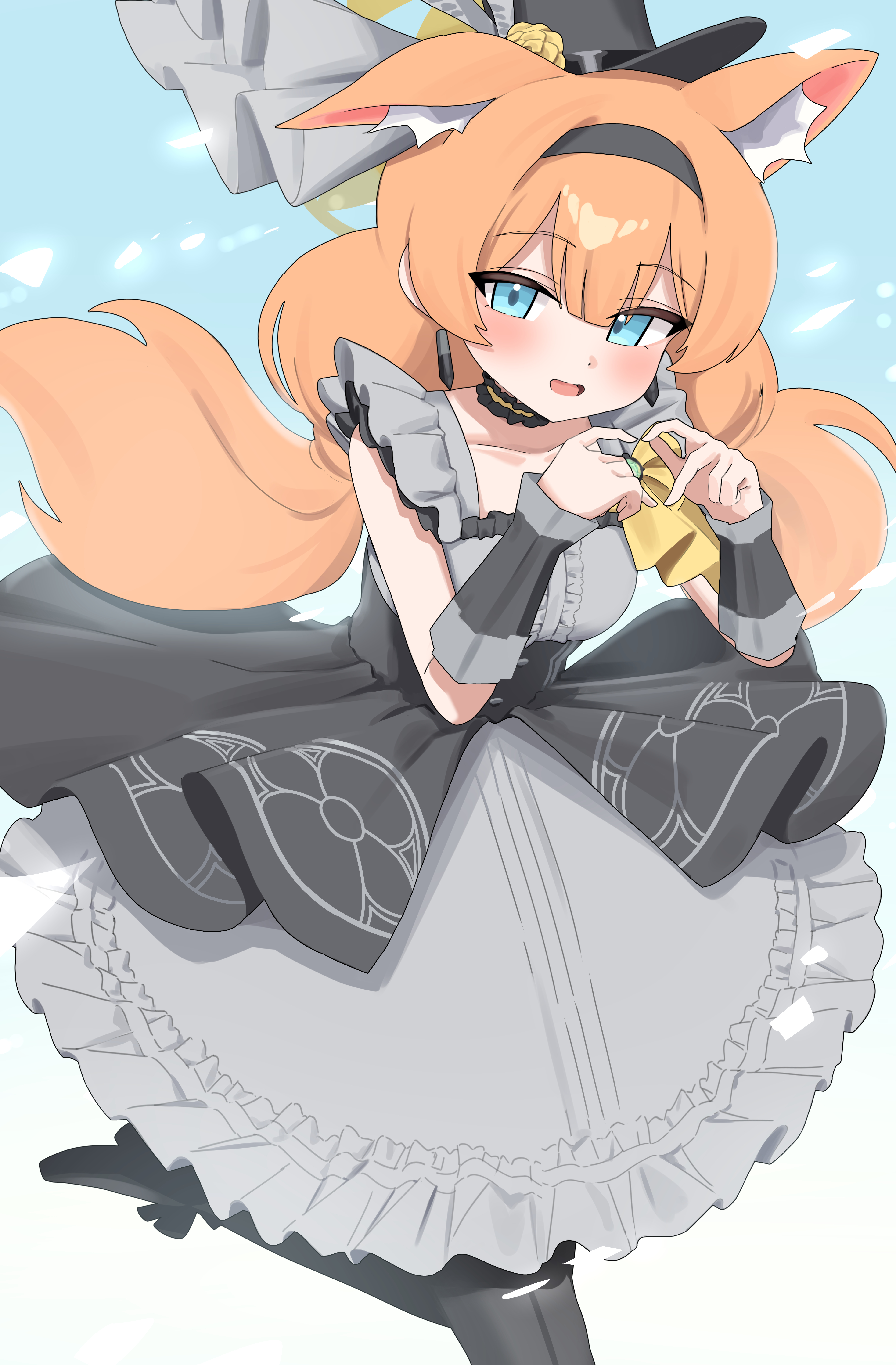 d (delt4), mari (blue archive), mari (idol) (blue archive), blue archive, absurdres, commentary, highres, 1girl, :d, animal ear fluff, animal ears, black dress, black hairband, black hat, black shoes, black wrist cuffs, blue background, blue eyes, blush, cat ears, cat girl, center frills, choker, collarbone, dress, earrings, extra ears, eyes visible through hair, floating hair, flower, foot out of frame, four-finger heart hands, frilled choker, frilled dress, frills, grey dress, hair between eyes, hairband, halo, hands up, happy, hat, hat flower, heart, heart hands, jewelry, long hair, looking at viewer, low twintails, medium dress, official alternate costume, official alternate hairstyle, open mouth, orange hair, rose, shoes, simple background, smile, solo, standing, standing on one leg, top hat, tsurime, twintails, two-tone dress, very long hair, wrist cuffs, yellow flower, yellow halo, yellow rose