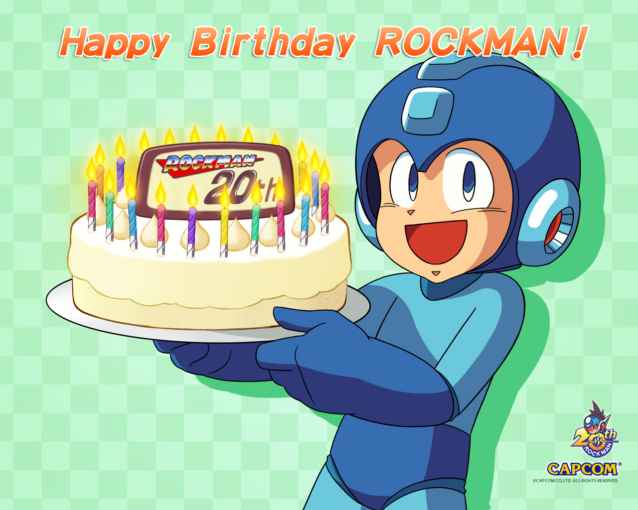 mega man (character), capcom, mega man (classic), mega man (series), official art, official wallpaper, 1boy, birthday, birthday cake, cake, candle, english text, food, green background, happy birthday, helmet, male focus, pastry, plate, solo