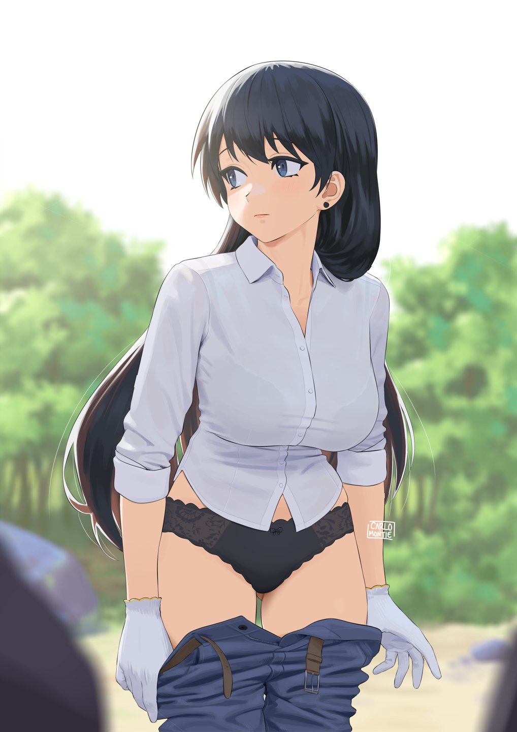 carlo montie, ruri no houseki, female, looking away, 1girl, black panties, clothes pull, looking to the side, nagi arato, panties, pants, pants pull, removing clothing, removing pants, ruri rocks, underwear, undressing
