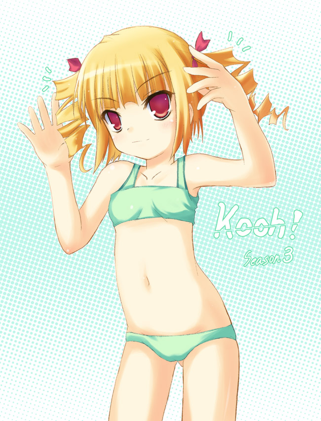 safi, kooh (pangya), pangya, 1girl, bikini, blonde hair, blush, breasts, collarbone, drill hair, green background, green bikini, hair ribbon, long hair, looking at viewer, navel, polka dot, polka dot background, red eyes, ribbon, small breasts, smile, standing, swimsuit, twin drills