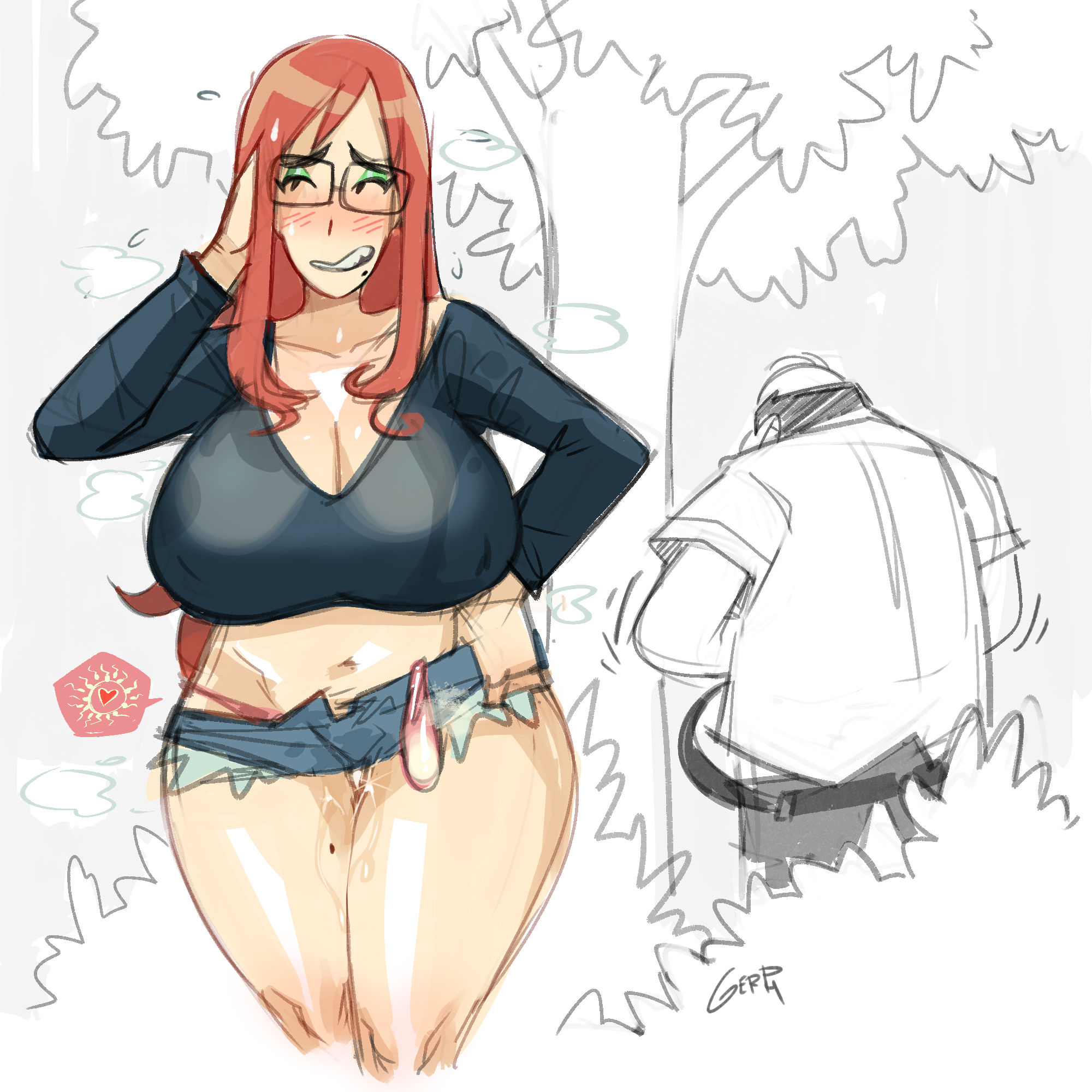 gerph, original, 1boy, 1girl, aftersex, belly, breasts, condom, condom belt, curvy, denim, denim shorts, embarrassed, glasses, huge breasts, implied after sex, implied sex, makeup, navel, outdoors, panties, plump, red hair, shorts, thick thighs, thighs, ugly bastard, underwear, used condom