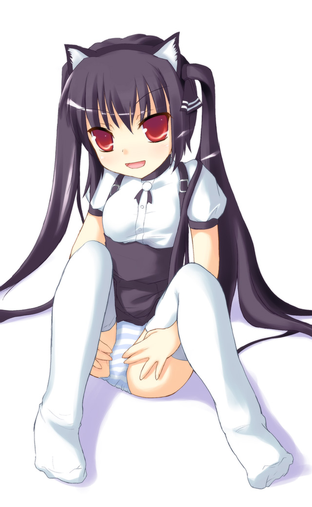 safi, kooh (pangya), pangya, 1girl, animal ears, black hair, black skirt, blush, cat ears, hair ribbon, loli, long hair, looking at viewer, open mouth, panties, puffy sleeves, red eyes, ribbon, shirt, short sleeves, sitting, skirt, smile, striped clothes, striped panties, suspender skirt, suspenders, thighhighs, twintails, underwear, white background, white panties, white shirt, white thighhighs