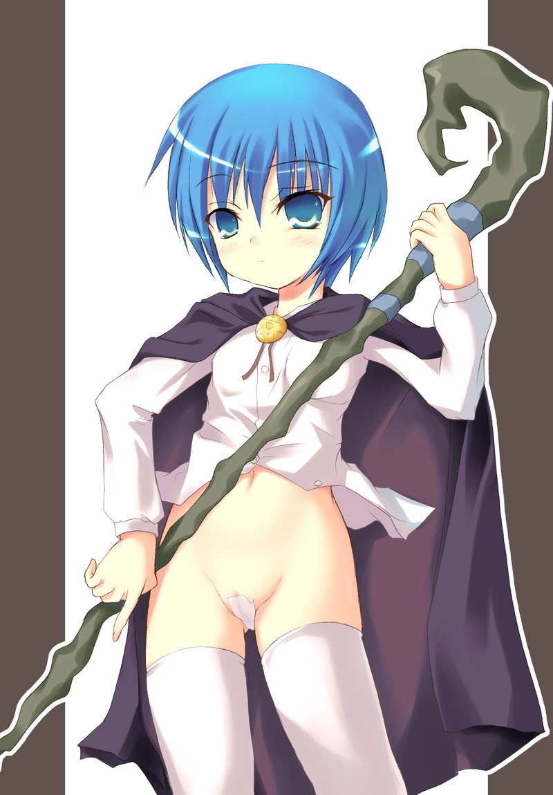 safi, tabitha (zero no tsukaima), zero no tsukaima, 00s, 1girl, cape, female focus, maebari, navel, pussy, solo, standing, thighhighs, uncensored, white background