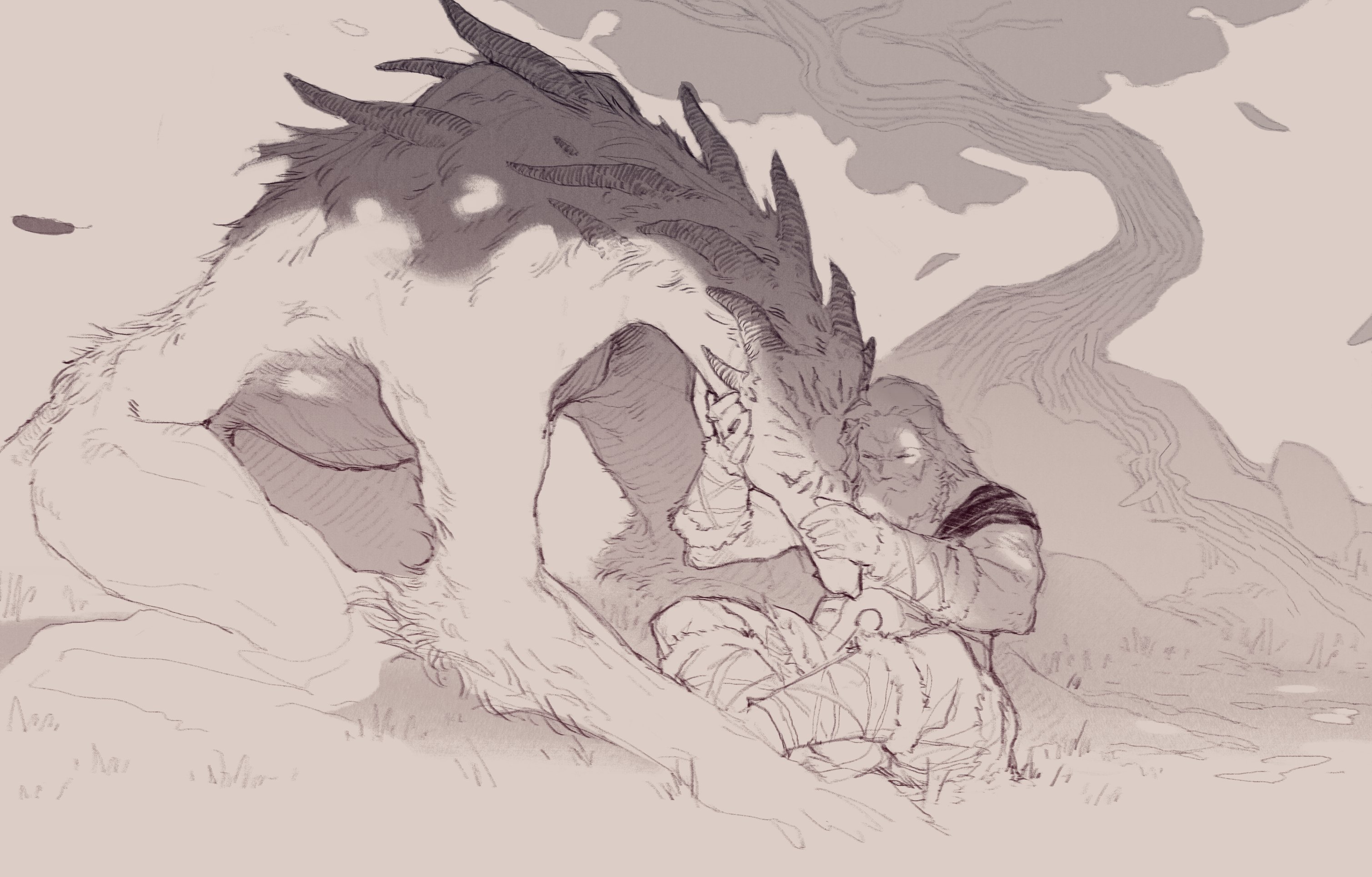 harsh-mallowz, executor (elden ring), raider (elden ring), elden ring, elden ring nightreign, highres, 1boy, ^ ^, beard, bracer, braid, closed eyes, extra horns, facial hair, full body, greyscale, horns, long hair, monochrome, monster, sitting, tree