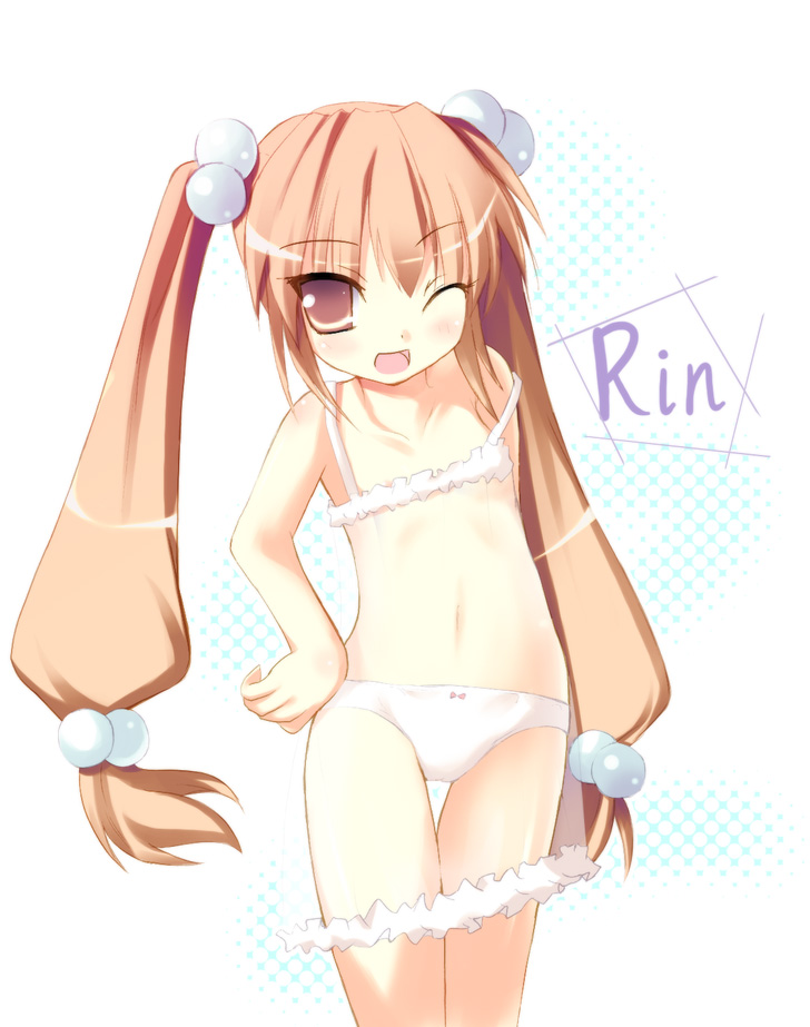 safi, kokonoe rin, kodomo no jikan, 00s, 1girl, blush, bow, bow panties, bra, brown eyes, brown hair, collarbone, cowboy shot, hair bobbles, hair ornament, hand on own hip, loli, long hair, looking at viewer, navel, one eye closed, open mouth, panties, pinup (style), smile, strap slip, twintails, underwear, white background, white bra, white panties, wink