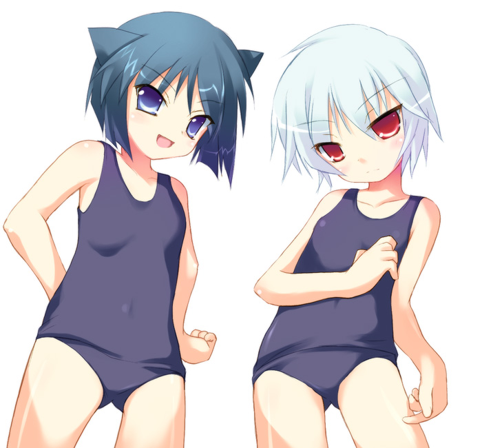 safi, daidouji kira, lieselotte achenbach, aq interactive, arcana heart, atlus, examu, 2girls, flat chest, loli, multiple girls, school swimsuit, simple background, swimsuit, white background