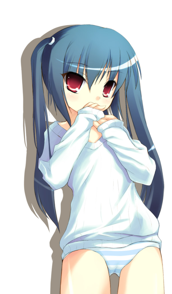safi, windtone (artist), kooh (pangya), pangya, eyebrows, 1girl, blue hair, female focus, flat chest, loli, long hair, no pants, panties, red eyes, solo, striped clothes, striped panties, sweater, twintails, underwear