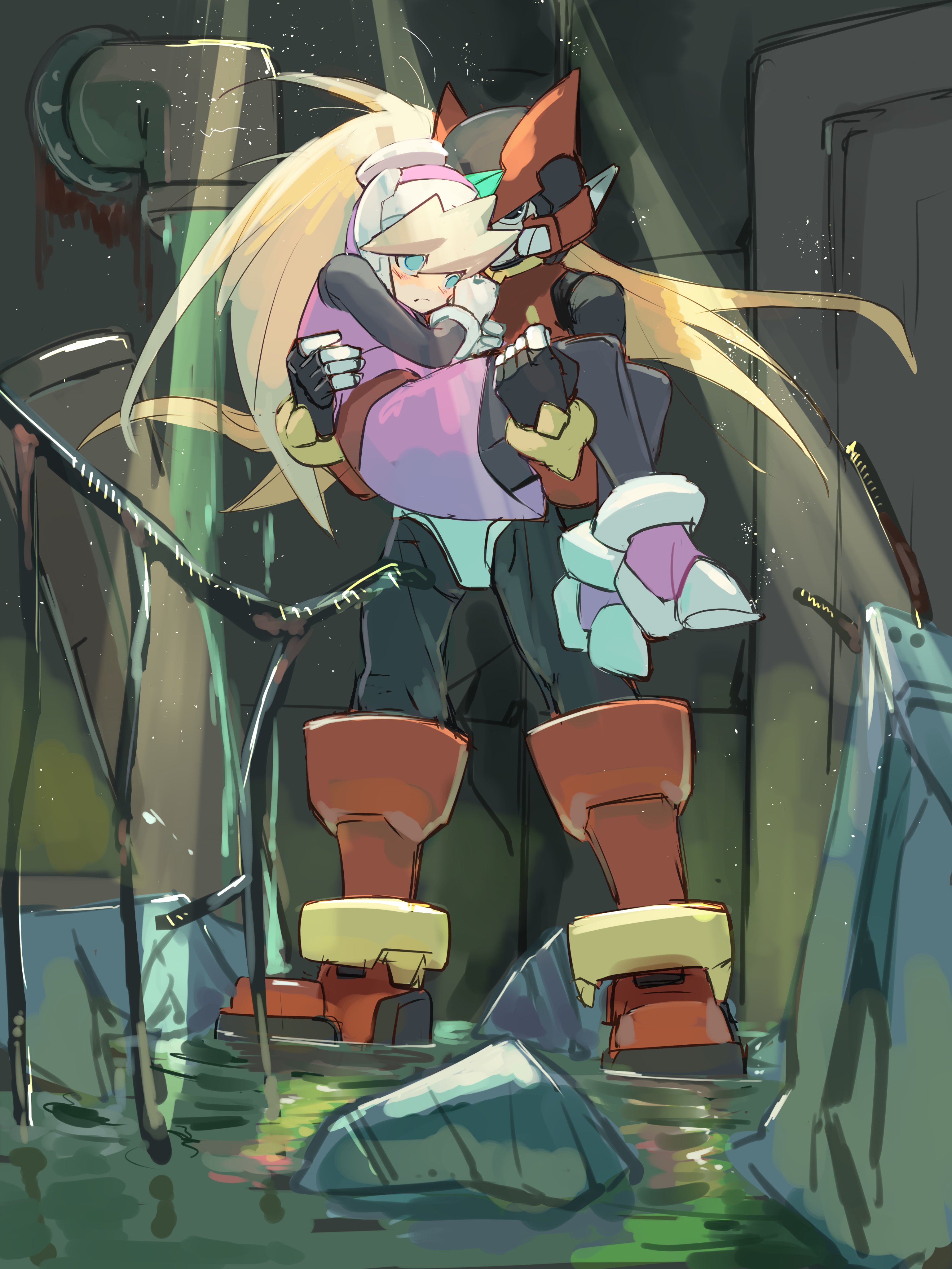 omochi (mochi skymega), ciel (mega man), zero(z) (mega man), zero (mega man), mega man (series), mega man zero (series), pink top, absurdres, highres, 1boy, 1girl, android, armor, blonde hair, blue eyes, blush, bodysuit, bodysuit under clothes, breasts, carrying, forehead jewel, full body, gloves, helmet, high ponytail, holding, long hair, open mouth, ponytail, princess carry, red armor, red helmet, skirt, small breasts