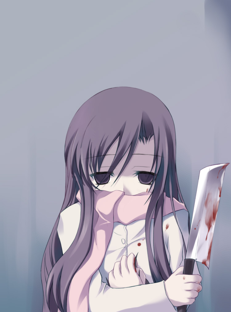 safi, katsura kotonoha, school days, 00s, 1girl, billhook, blood, empty eyes, female focus, gradient background, hashitsuki nata, hatchet, knife, nata (tool), scarf, solo, yandere