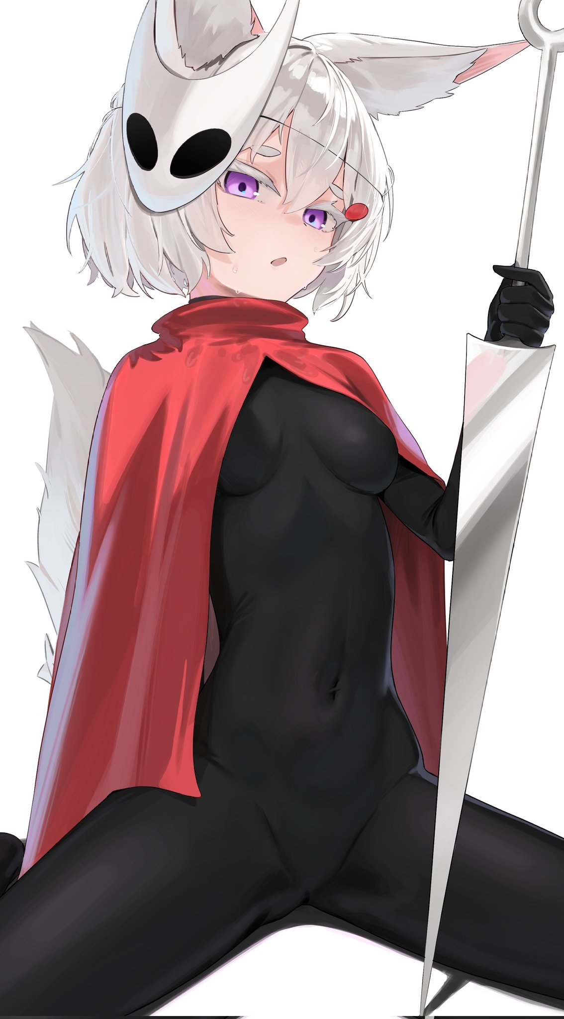 skai kun, hornet (hollow knight), tenma maemi, hollow knight, phase connect, black bodystocking, corrupted twitter file, highres, 1girl, :o, animal ear fluff, animal ears, bodystocking, breasts, cape, cosplay, covered navel, fox ears, fox girl, fox tail, hair between eyes, hornet (hollow knight) (cosplay), looking at viewer, mask, mask on head, medium breasts, nail (hollow knight), open mouth, purple eyes, red cape, short hair, simple background, sitting, solo, tail, virtual youtuber, weapon, white background, white hair