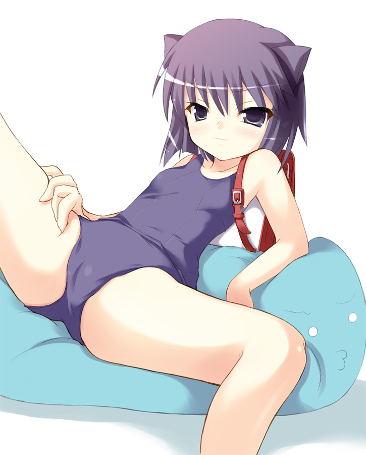 safi, daidouji kira, aq interactive, arcana heart, atlus, examu, 1girl, animal ears, backpack, bag, cat ears, female focus, legs, lying, one-piece swimsuit, randoseru, school swimsuit, solo, spread legs, swimsuit