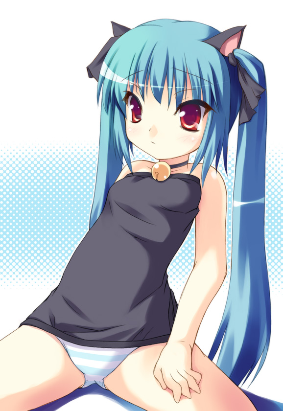 safi, kooh (pangya), pangya, tagme, bell, blue hair, panties, red eyes, striped clothes, striped panties, underwear