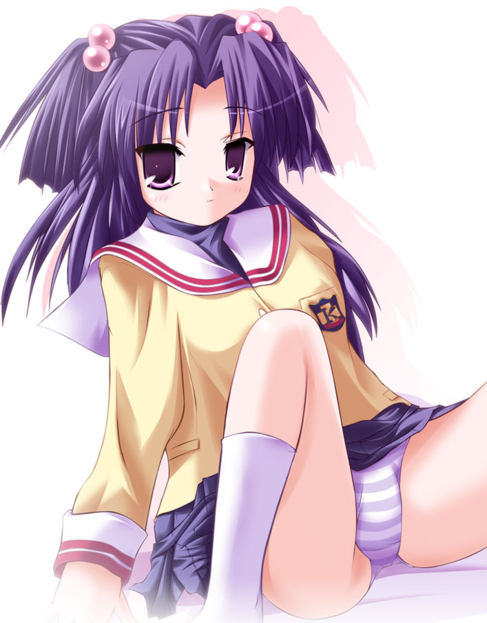 safi, ichinose kotomi, clannad, 00s, 1girl, female focus, hair bobbles, hair ornament, long hair, panties, pantyshot, pleated skirt, purple eyes, purple hair, sailor collar, school uniform, serafuku, sitting, skirt, socks, solo, spread legs, striped clothes, striped panties, two side up, underwear, white socks
