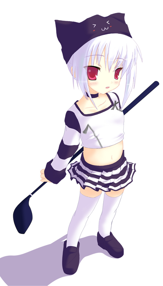 safi, kooh (pangya), pangya, tagme, 1girl, female focus, golf club, navel, pleated skirt, red eyes, shoes, short hair, skirt, solo, standing, thighhighs, white background, white hair, white thighhighs