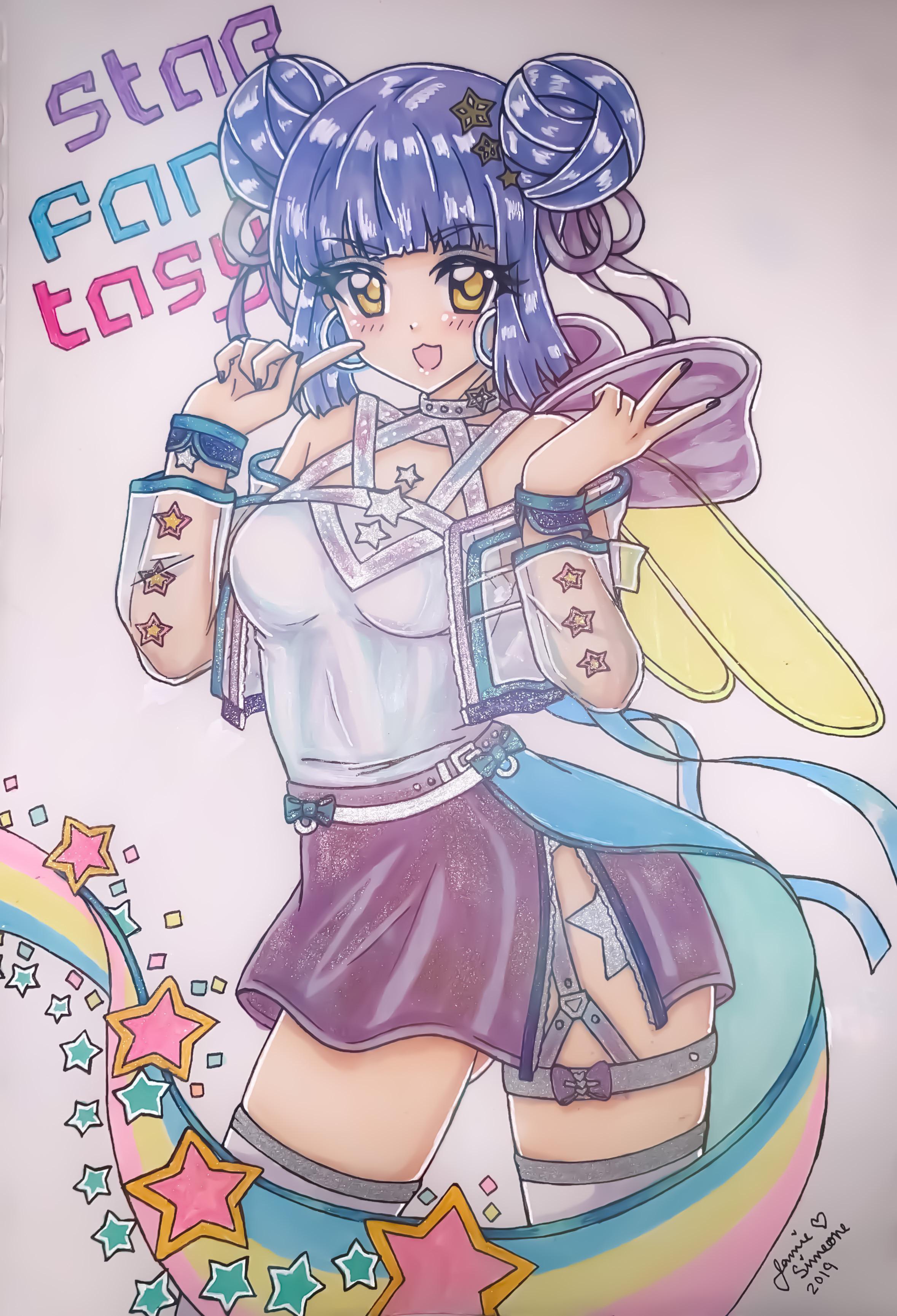 miracle nikki, nikki (series), absurdres, commentary, english commentary, highres, traditional media, 1girl, 2019, alternate skin color, bare shoulders, belt, belt buckle, belt collar, black nails, blue hair, blunt bangs, bow, buckle, character name, collar, collarbone, cowboy shot, dot nose, double bun, eyelashes, gluteal fold, grey belt, hair bun, hair ornament, hair ribbon, happy, jacket, leg tattoo, light blush, lightened skin, long sleeves, microskirt, nail polish, off-shoulder jacket, off shoulder, open clothes, open jacket, open mouth, purple belt, purple bow, purple ribbon, purple skirt, rainbow print, ribbon, see-through clothes, see-through jacket, shirt, short hair, signature, skirt, sleeveless, sleeveless shirt, smile, solo, standing, star-shaped buckle, star (symbol), star fantasy (miracle nikki), star hair ornament, star print, star tattoo, studded belt, tattoo, thigh belt, thigh strap, thighhighs, train (clothing), tsurime, v, white shirt, white thighhighs, yamisaan, yellow eyes