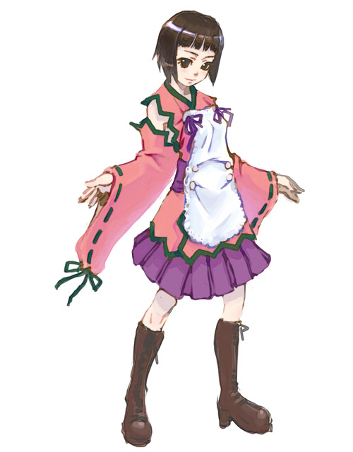 weno, tagme, bob cut, boots, brown boots, detached sleeves, full body, maid, short hair, simple background, solo, standing, white background