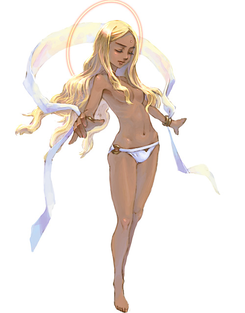 weno, 1girl, bikini, bikini bottom only, blonde hair, dark-skinned female, dark skin, female focus, full body, halo, o-ring, o-ring bikini, parted bangs, simple background, solo, swimsuit, topless female, white bikini